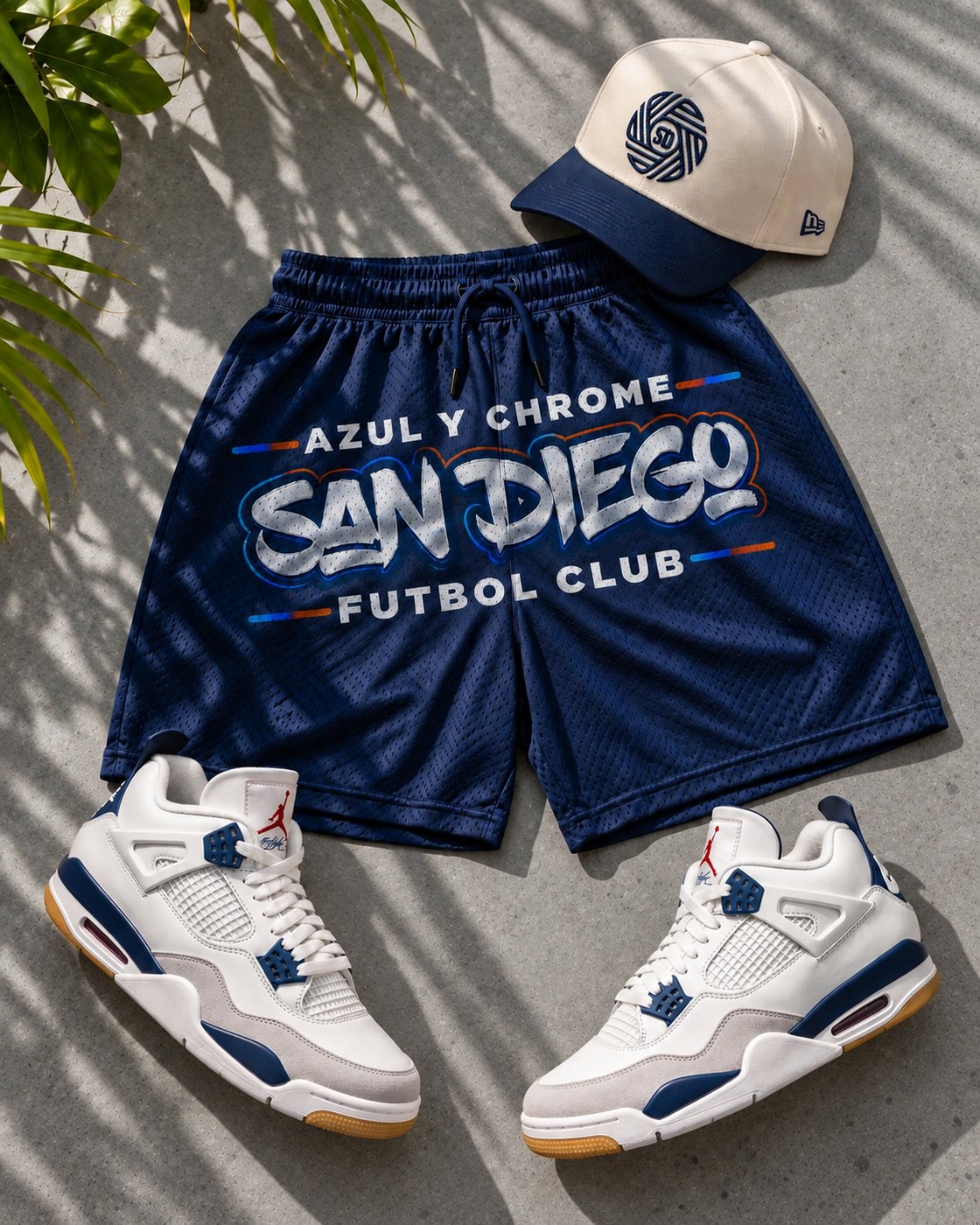 Azul y Chrome shorts with Jordan 4s